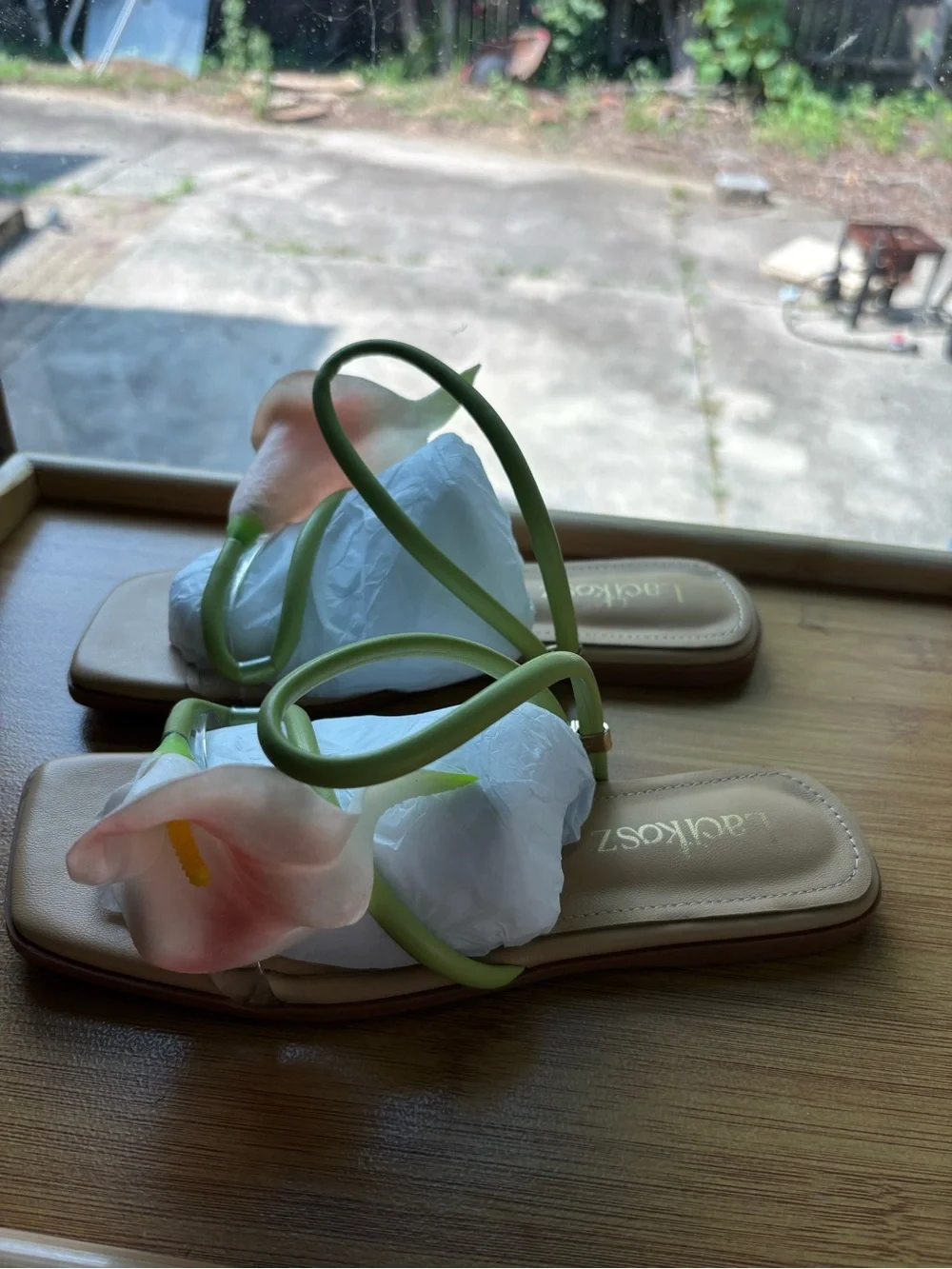Calla Flower Slide Sandals in Green and Peach